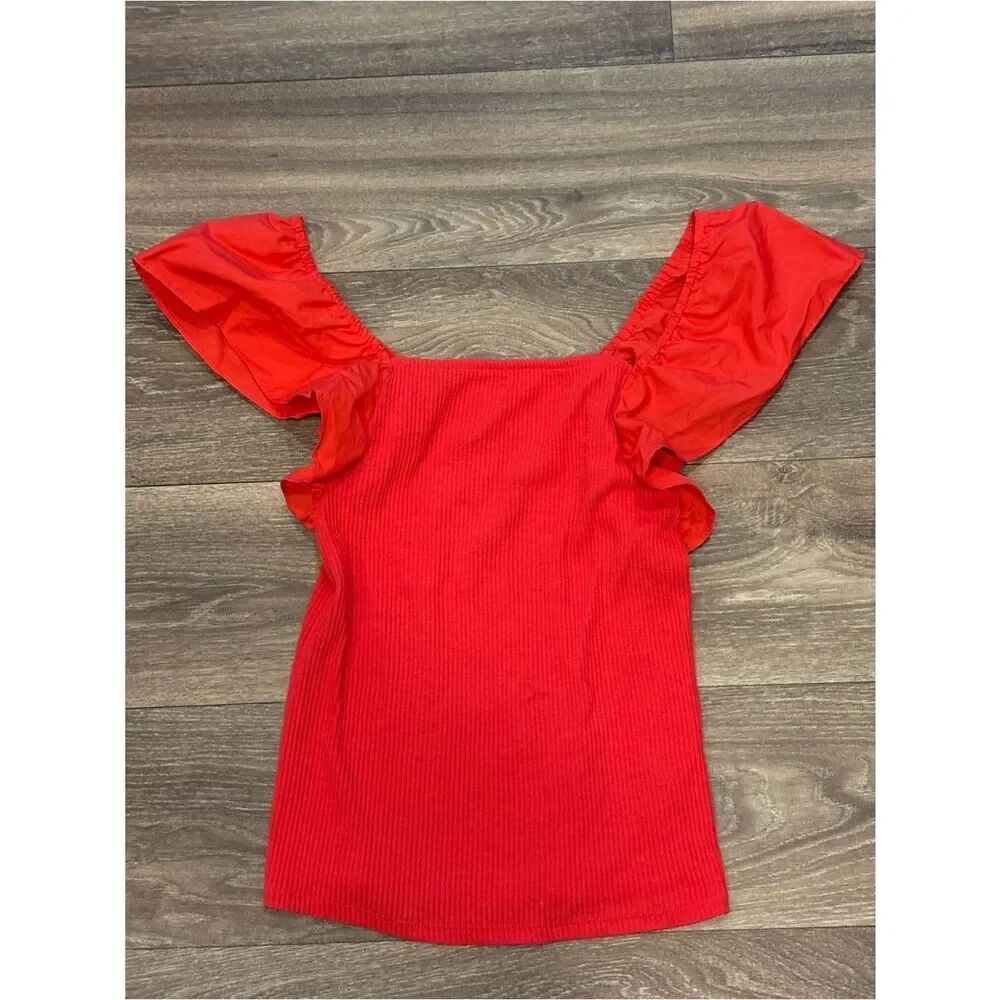 A New Day Red Square Neck Flutter Sleeve Top Size XS